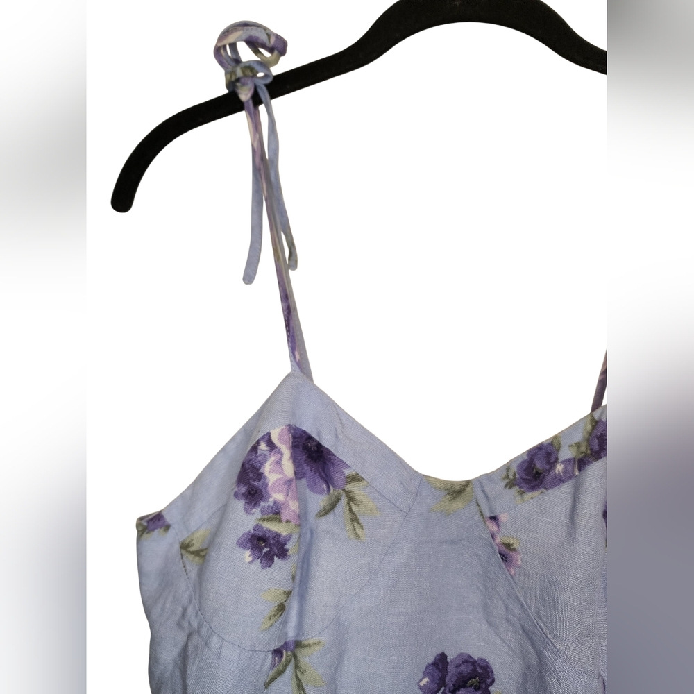 ​Forever 21 Purple Floral Linen Blend Mini Dress Tie Shoulder Ruffle - L - Picture 3 of 8